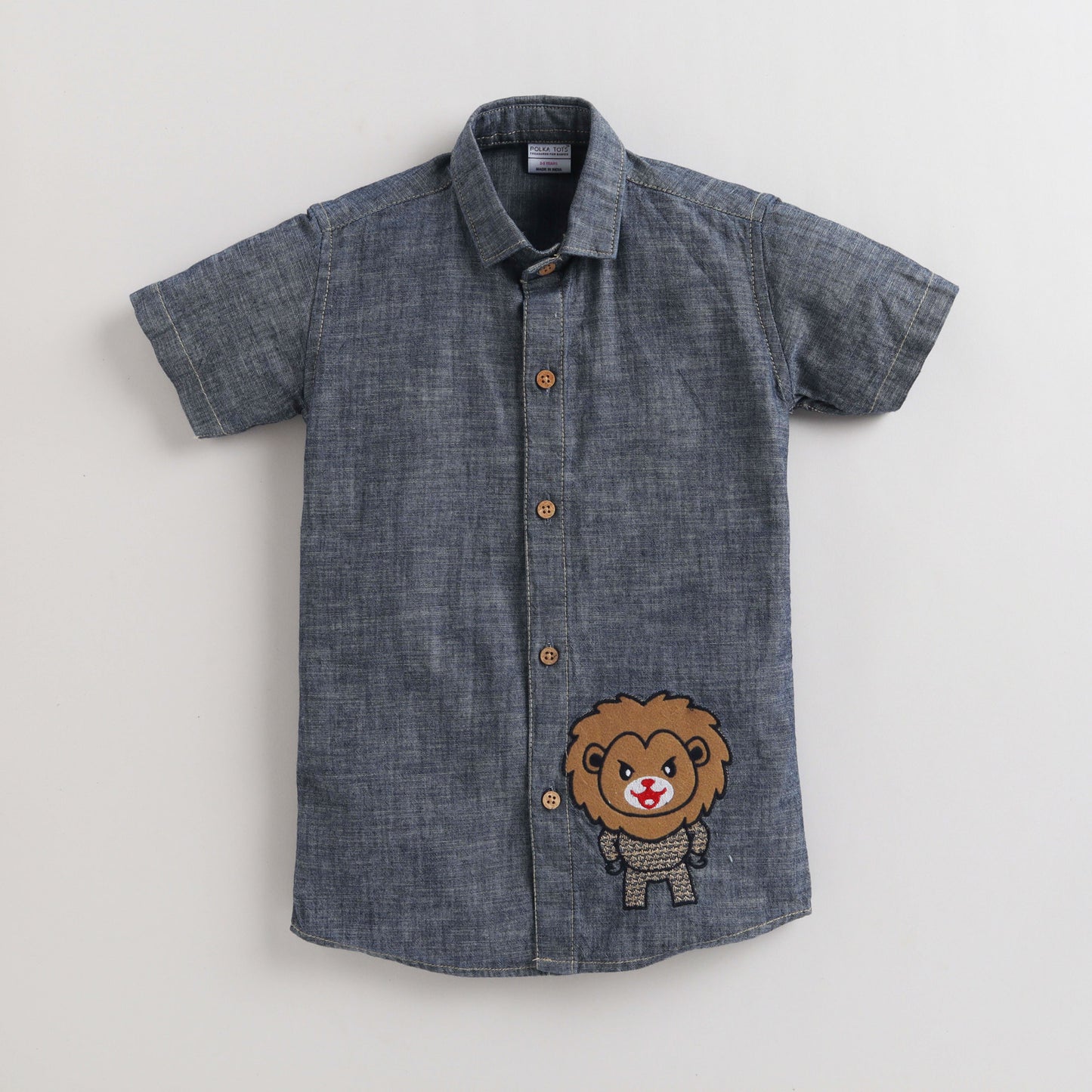 Polka Tots Cotton & Denim Half Sleeves Lion Patch Shirt - Blue
