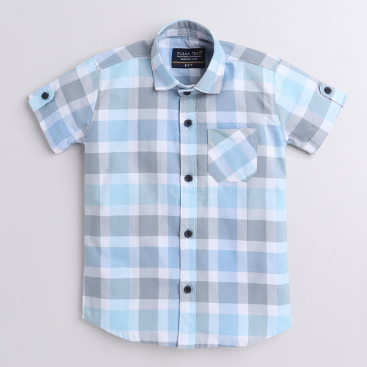 Polka Tots Half Sleeve Super Soft Cotton Checks Shirt With Roll Up Sleeve - Blue & Grey