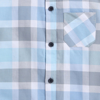Polka Tots Half Sleeve Super Soft Cotton Checks Shirt With Roll Up Sleeve - Blue & Grey