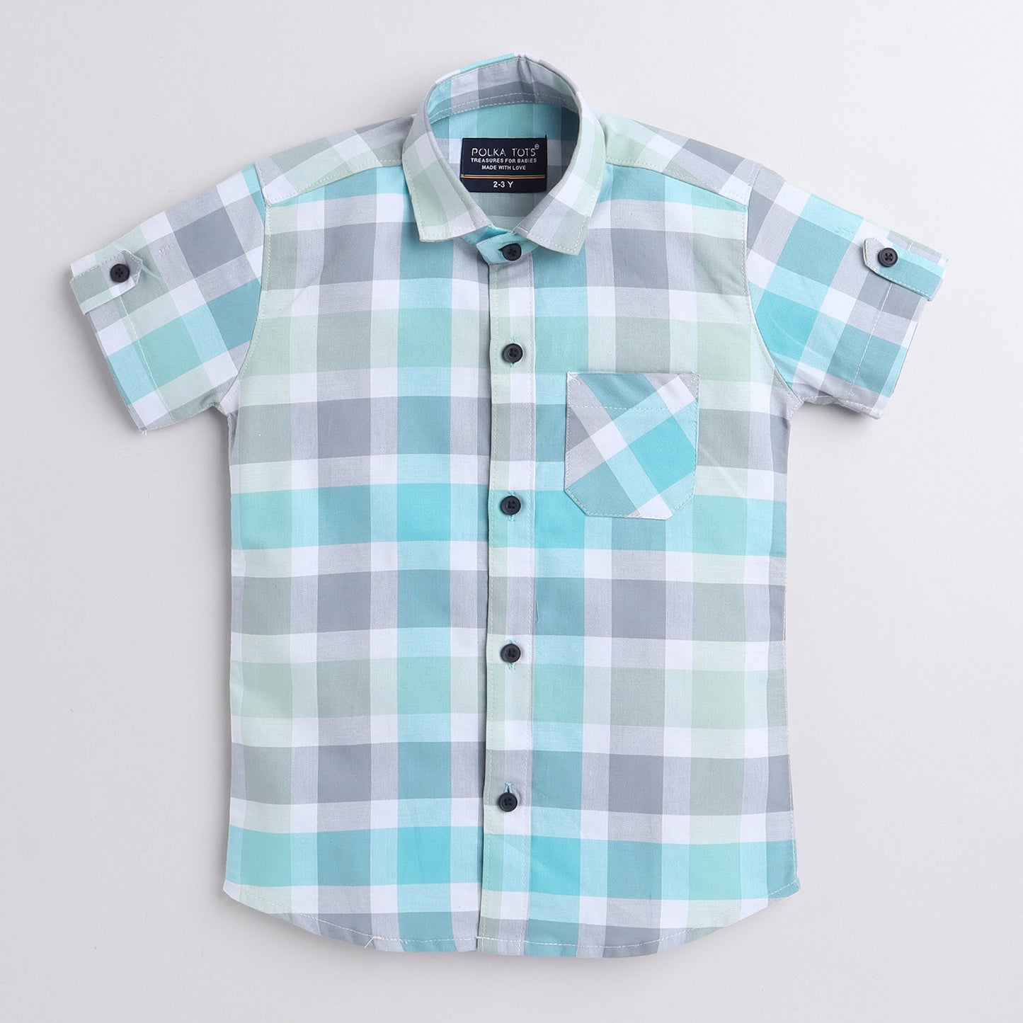 Polka Tots Half Sleeve Super Soft Cotton Checks Shirt With Roll Up Sleeve - Sky Blue