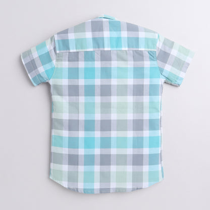 Polka Tots Half Sleeve Super Soft Cotton Checks Shirt With Roll Up Sleeve - Sky Blue