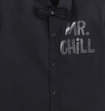 Polka Tots Half Sleeve Regular Fit Mr Chill Diamond Party Wear Shirt With Bow Tie - Black