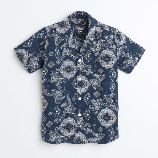 Polka Tots Cotton Half Sleeves Floral Printed Shirt - Navy Blue