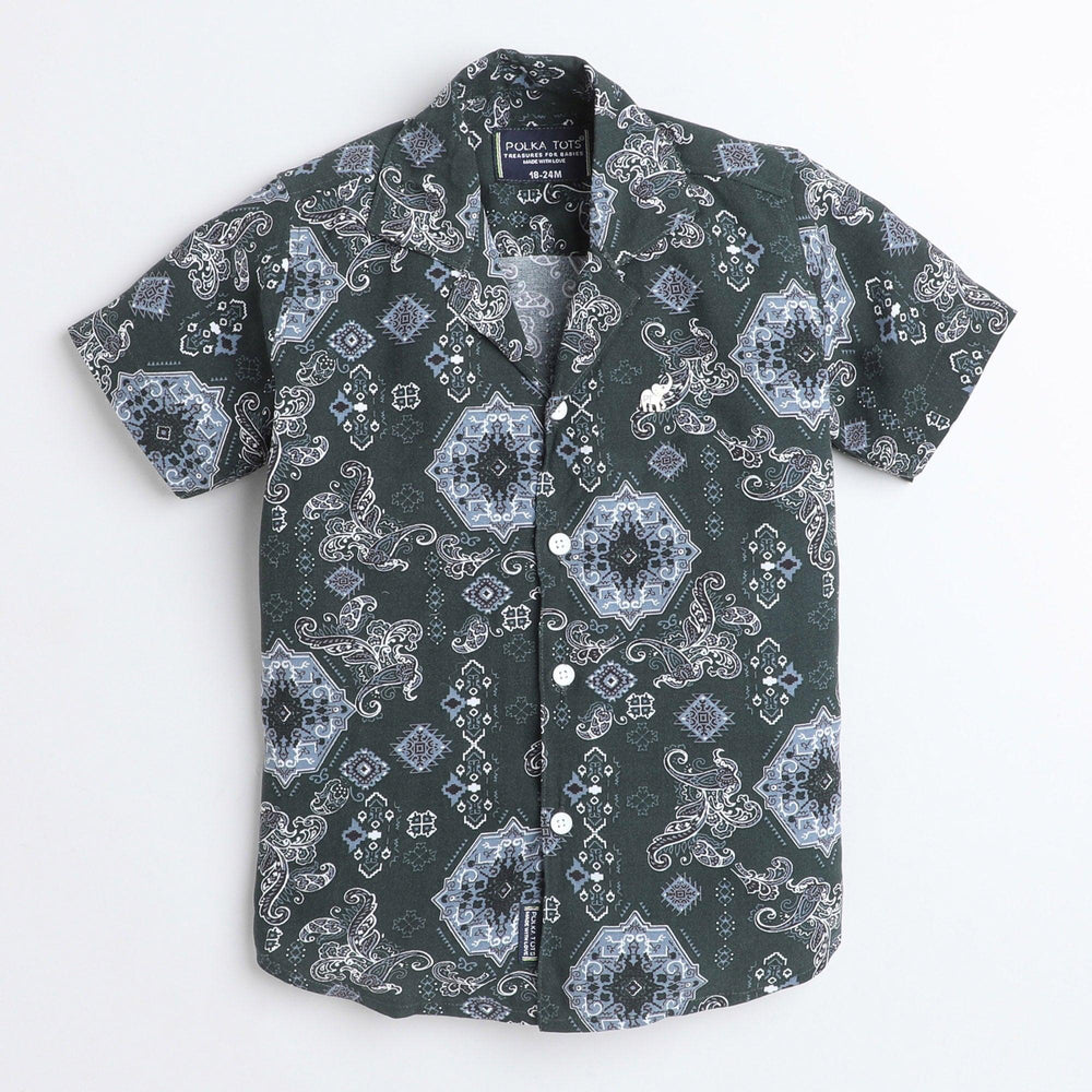 Polka Tots Cotton Half Sleeves Floral Printed Shirt - Dark Green