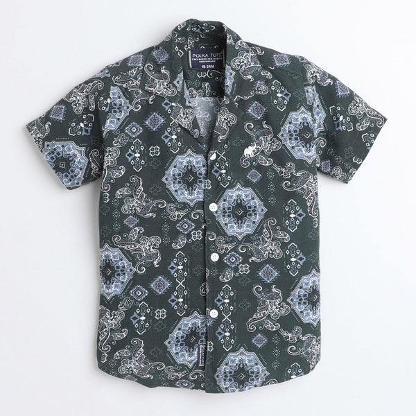 Polka Tots Cotton Half Sleeves Floral Printed Shirt - Dark Green