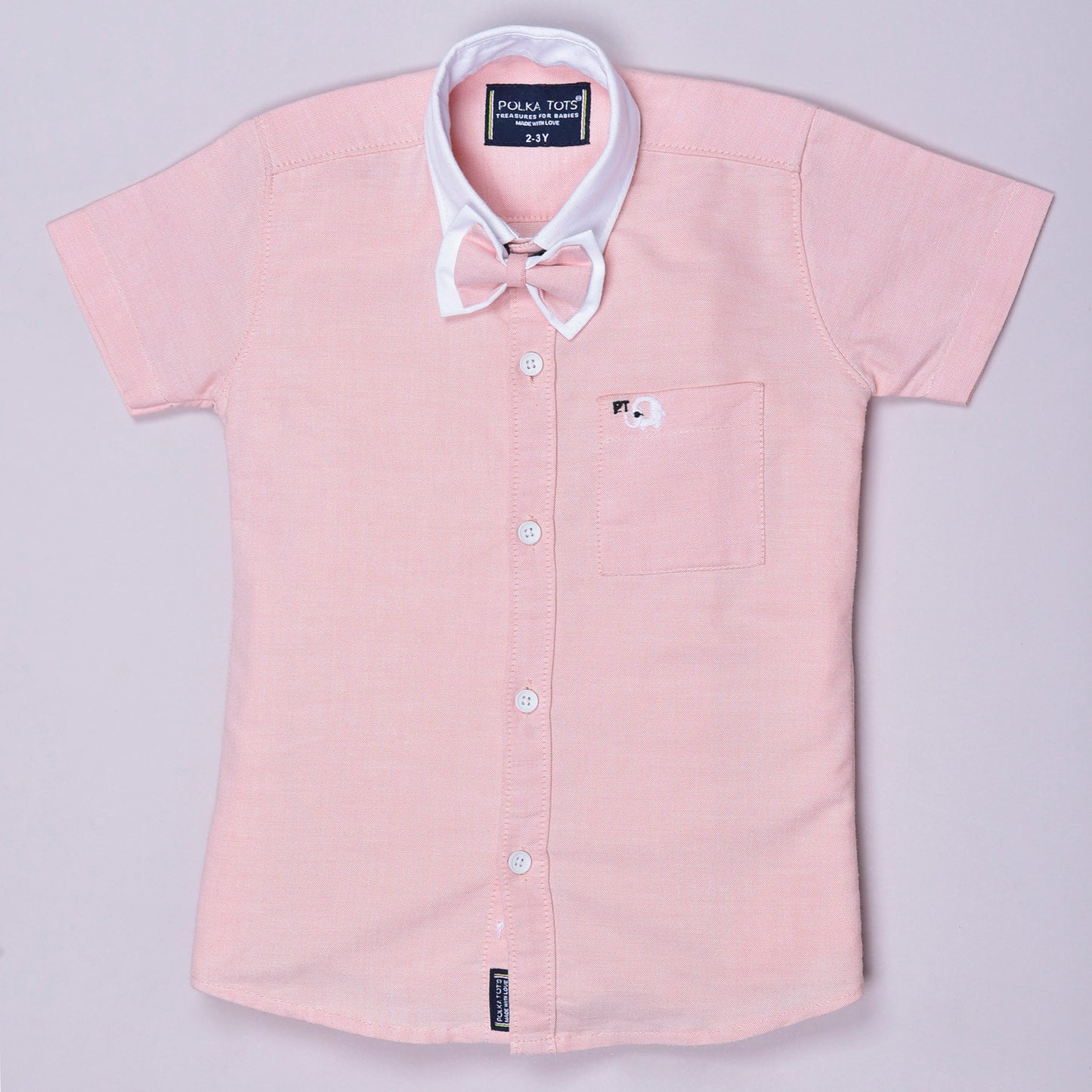 Polka Tots Half Sleeve Plain Shirt With Dual Bow Tie - Pink