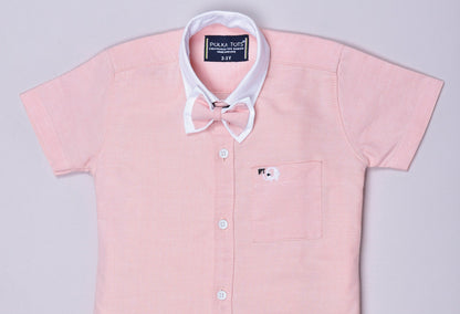 Polka Tots Half Sleeve Plain Shirt With Dual Bow Tie - Pink