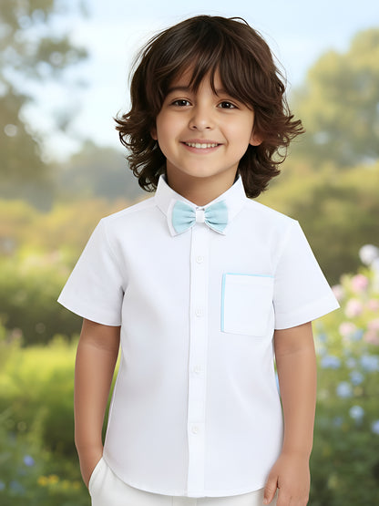 Polka Tots Half Sleeve plain Shirt with Dual Bow Tie - White