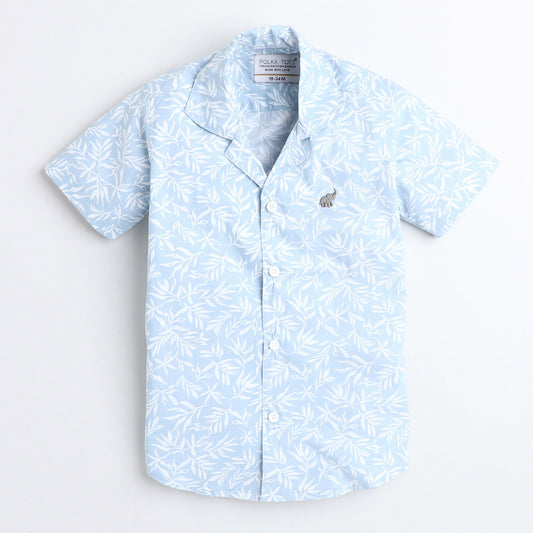 Polka Tots Cotton Half Sleeves Floral Printed Tennis Collar Shirt - Sky Blue