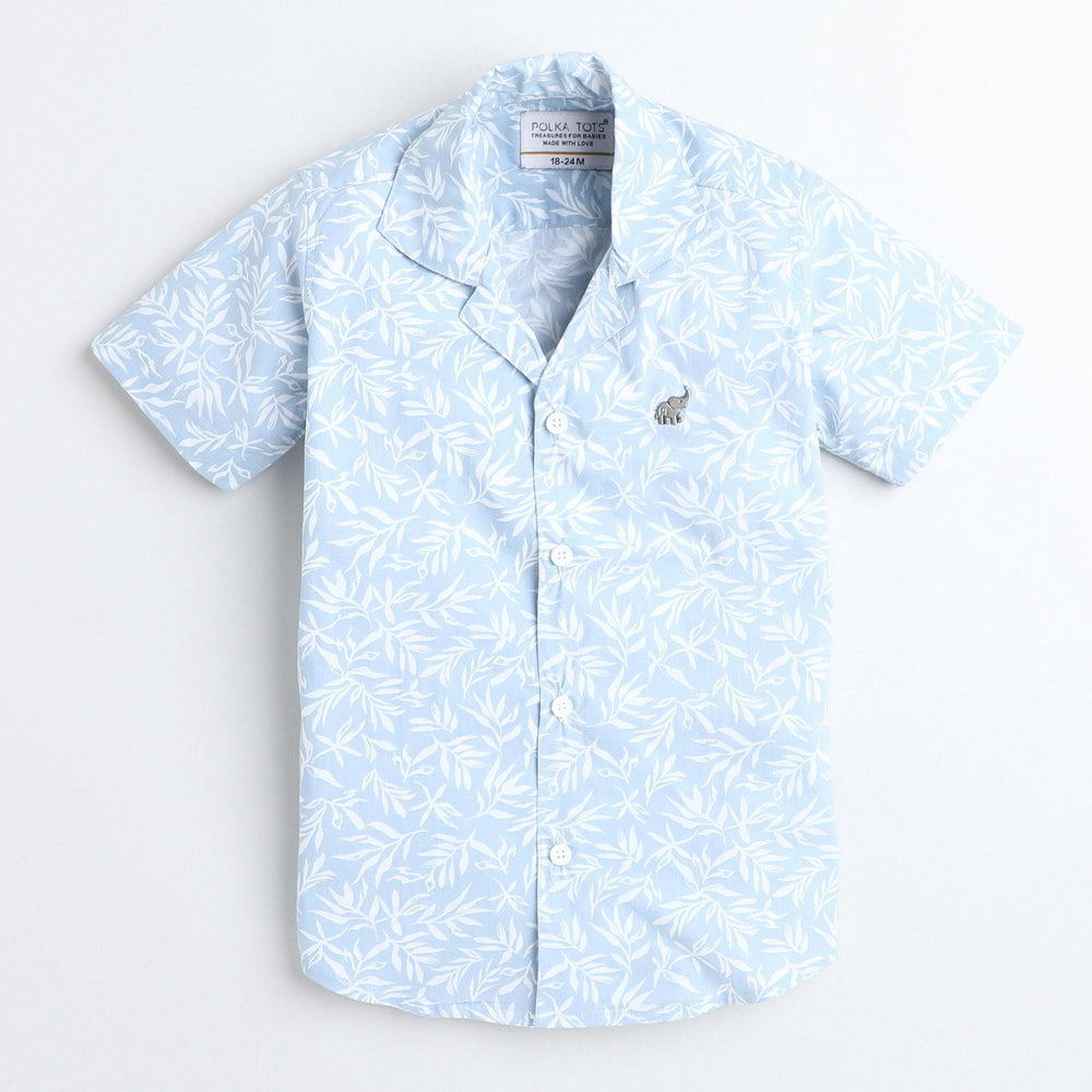 Polka Tots Cotton Half Sleeves Floral Printed Tennis Collar Kids Shirt - Sky Blue