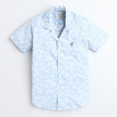 Polka Tots Cotton Half Sleeves Floral Printed Tennis Collar Kids Shirt - Sky Blue