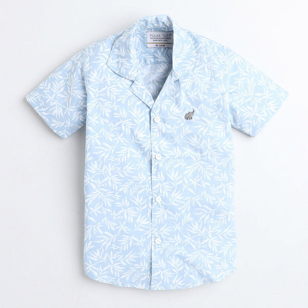 Polka Tots Cotton Half Sleeves Floral Printed Tennis Collar Kids Shirt - Sky Blue