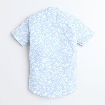 Polka Tots Cotton Half Sleeves Floral Printed Tennis Collar Shirt - Sky Blue