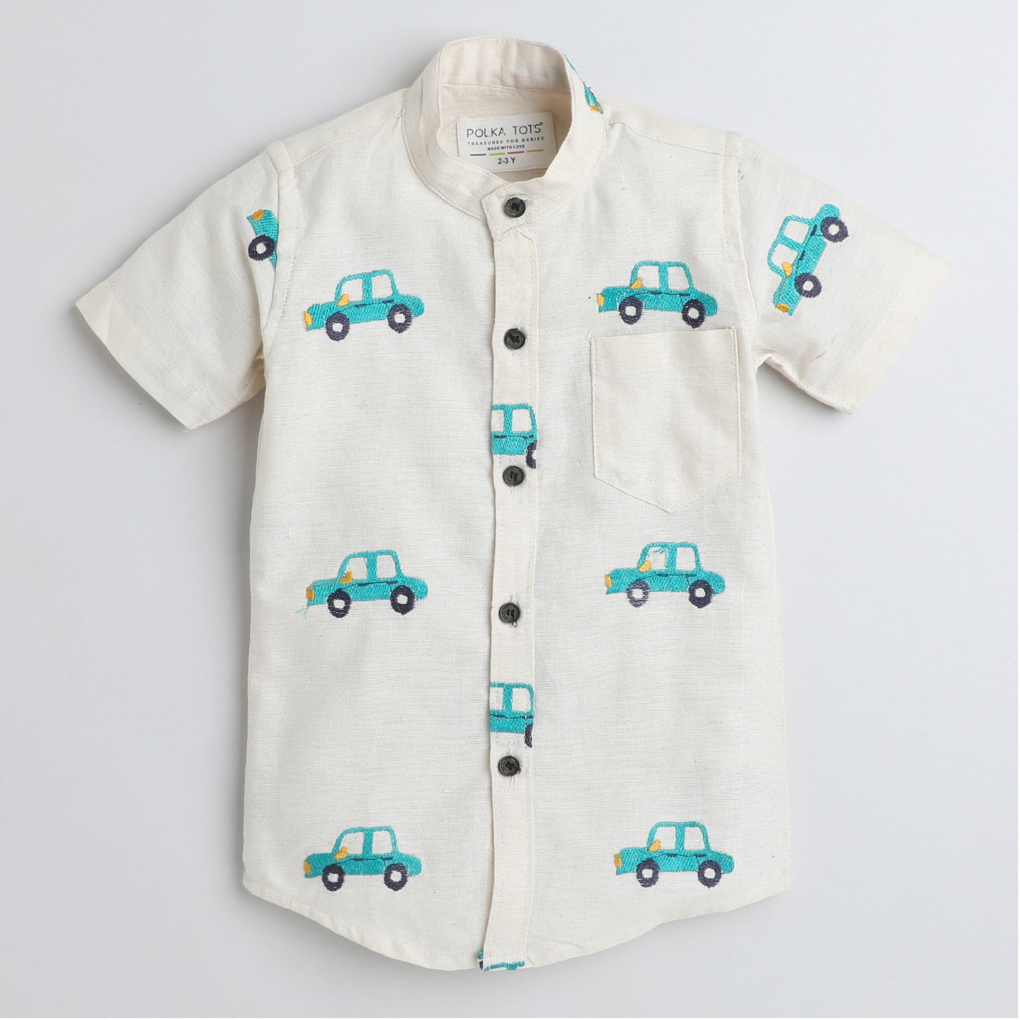 Polka Tots Cotton Half Sleeves Car Embroidery Shirt - Cream