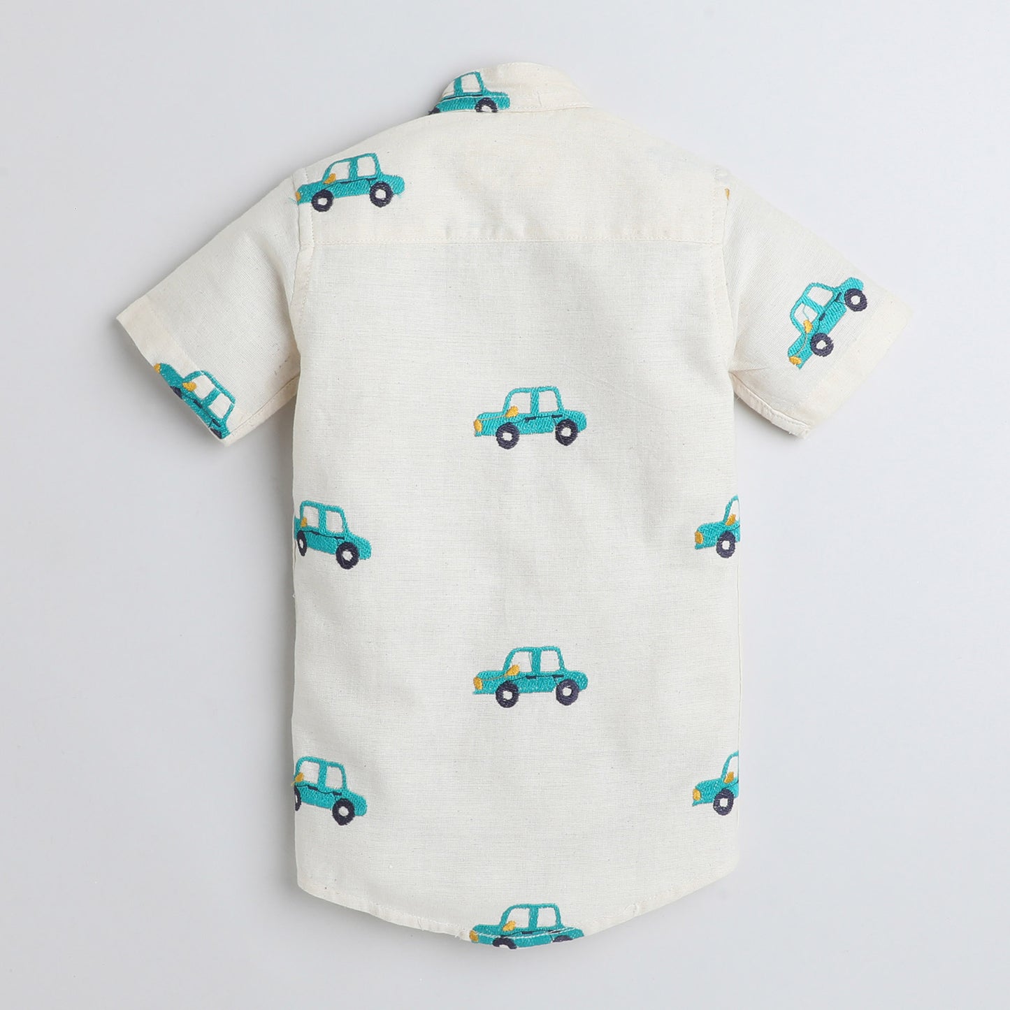 Polka Tots Cotton Half Sleeves Car Embroidery Shirt - Cream