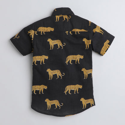 Polka Tots Cotton Half Sleeves Leopard Print Shirt - Black