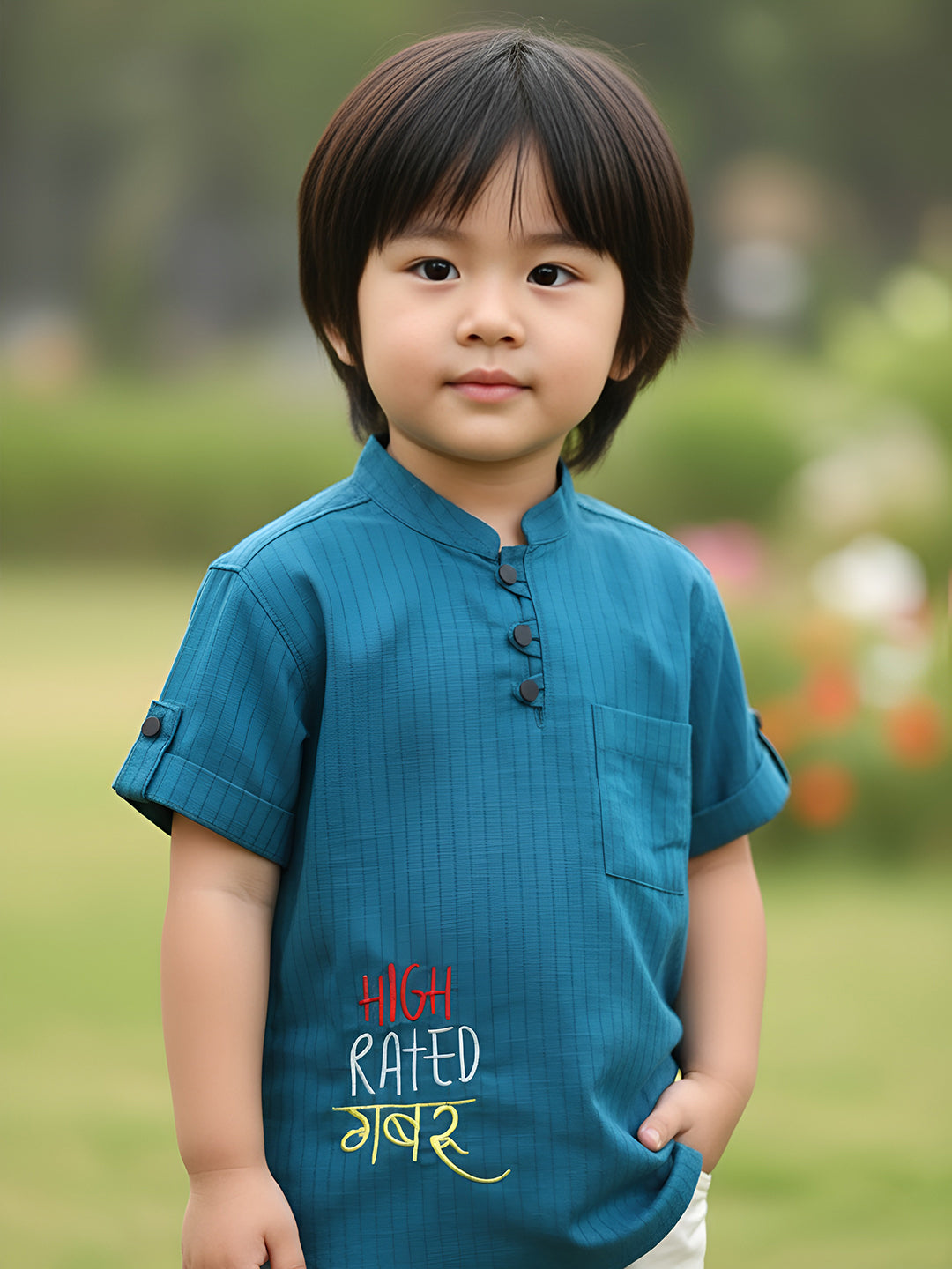 Polka Tots Half Sleeve Striped Kurta with Hindi Graphic - Teal Blue