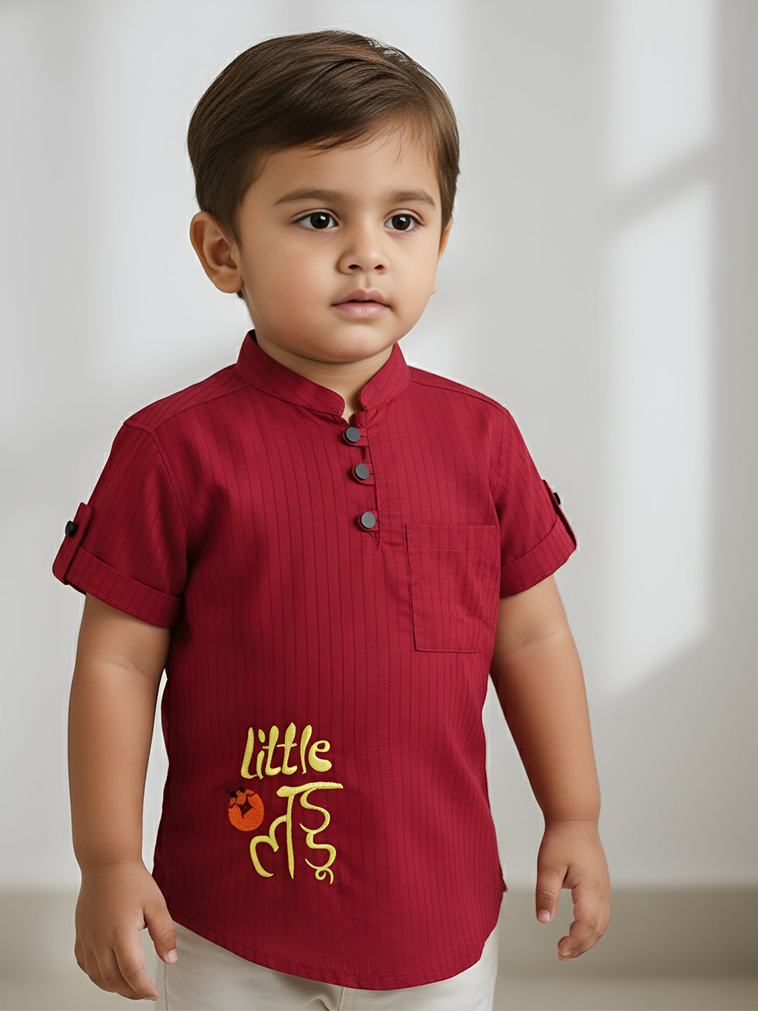 Polka Tots Half Sleeve Striped Kurta with Hindi Graphic - Maroon