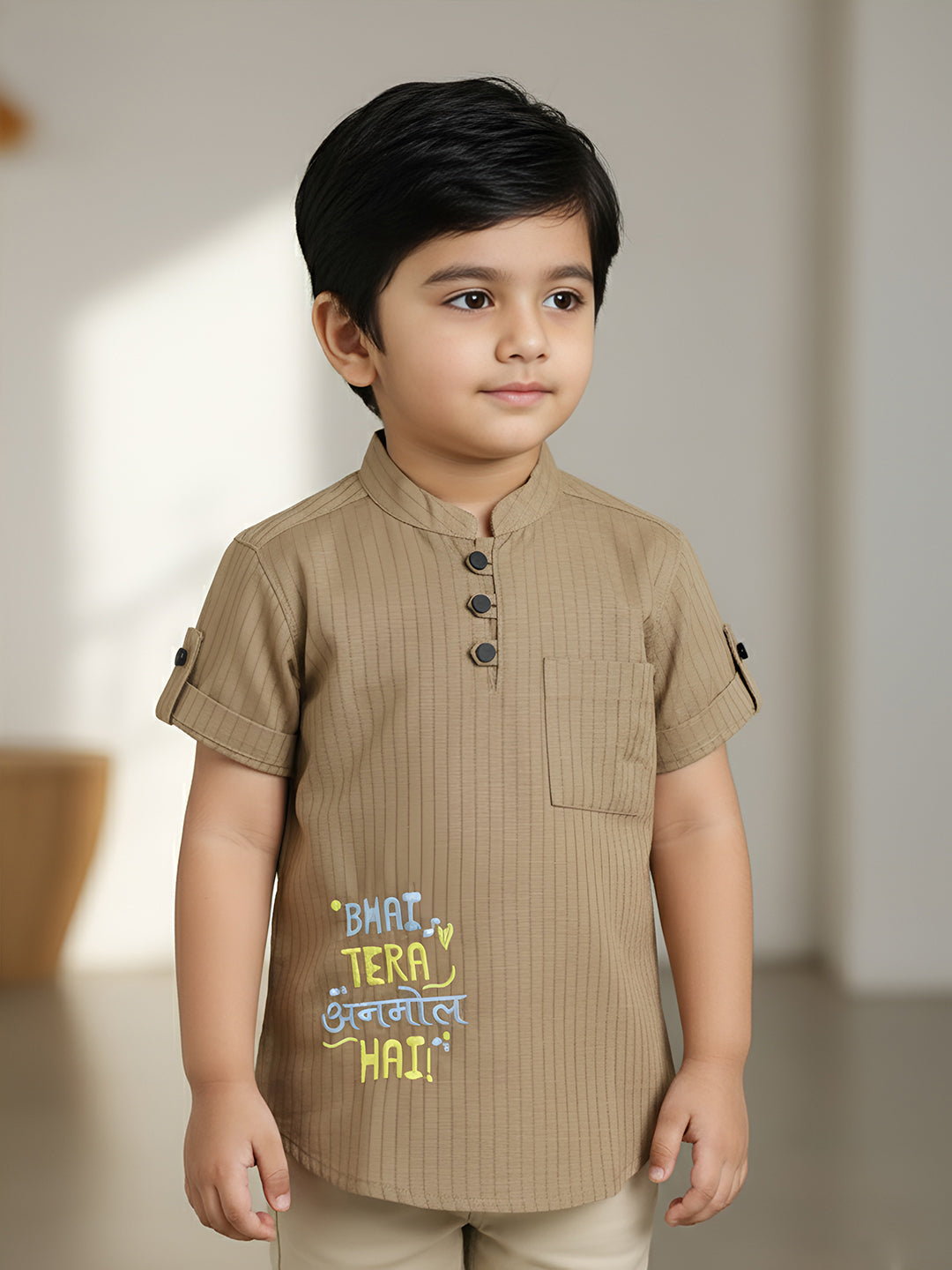Polka Tots Half Sleeve Striped Kurta with Hindi Graphic - Tan