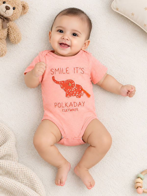 Polka Tots Half Sleeve Rompers Onesie Antibacterial Fabric Elephant Peach