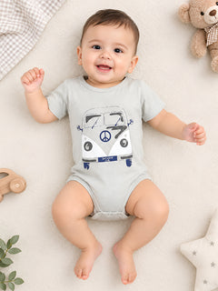Polka Tots Half Sleeve Rompers Onesie Antibacterial Fabric Bus Grey