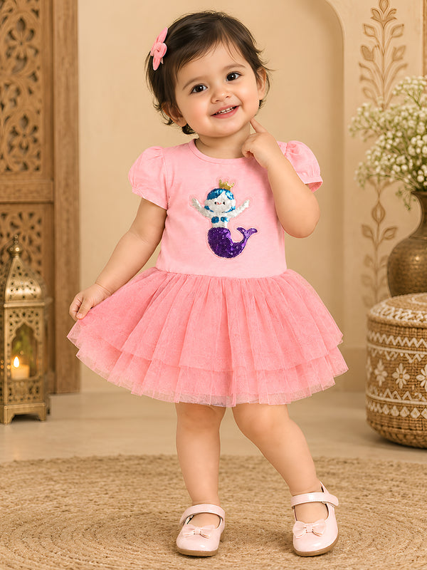 Polka Tots Half Sleeve Romper Onesie Sequence Mermaid Fish Girl - Pink