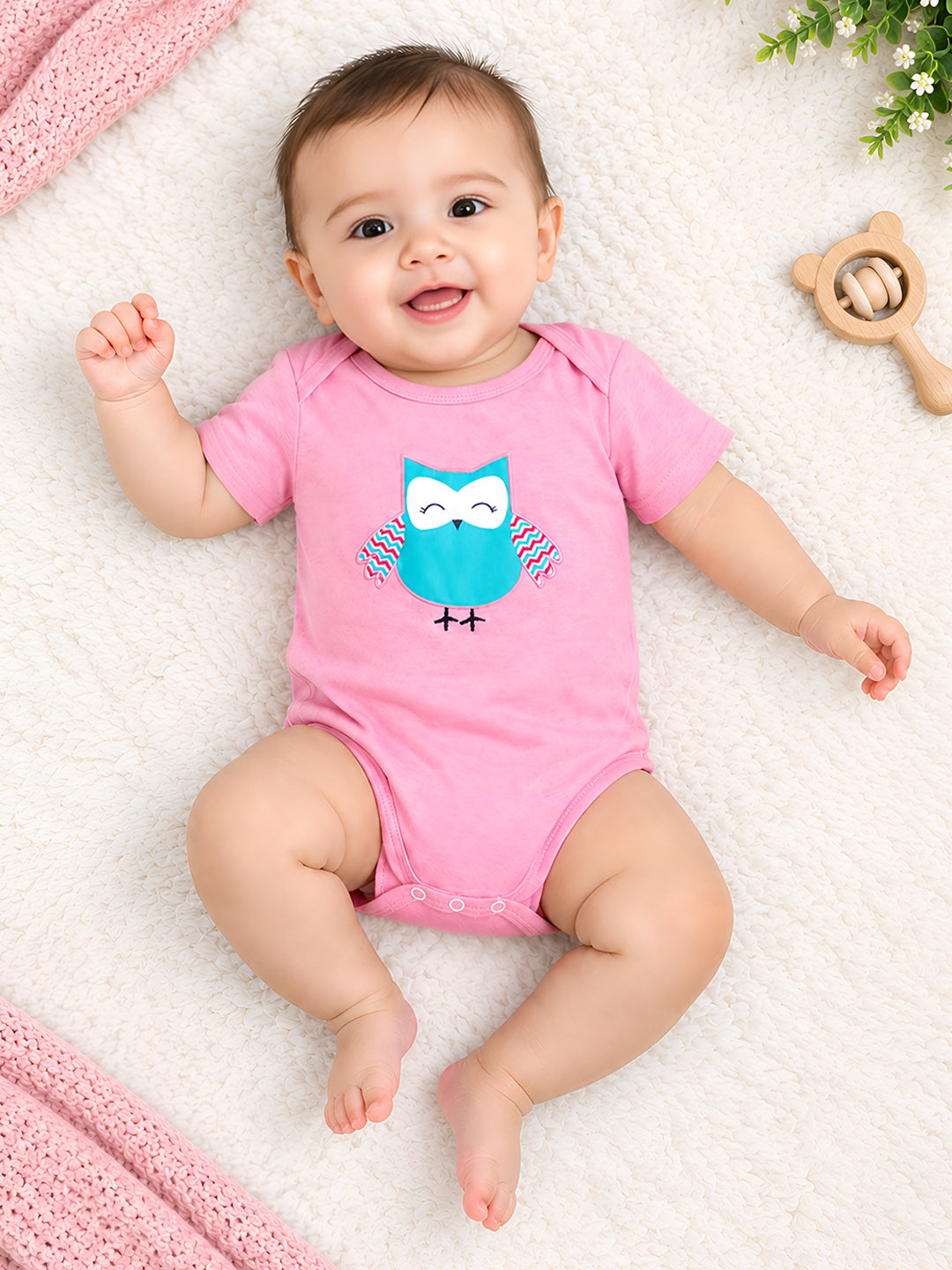 Polka Tots Owl applique Half Sleeve Onesie - Pink