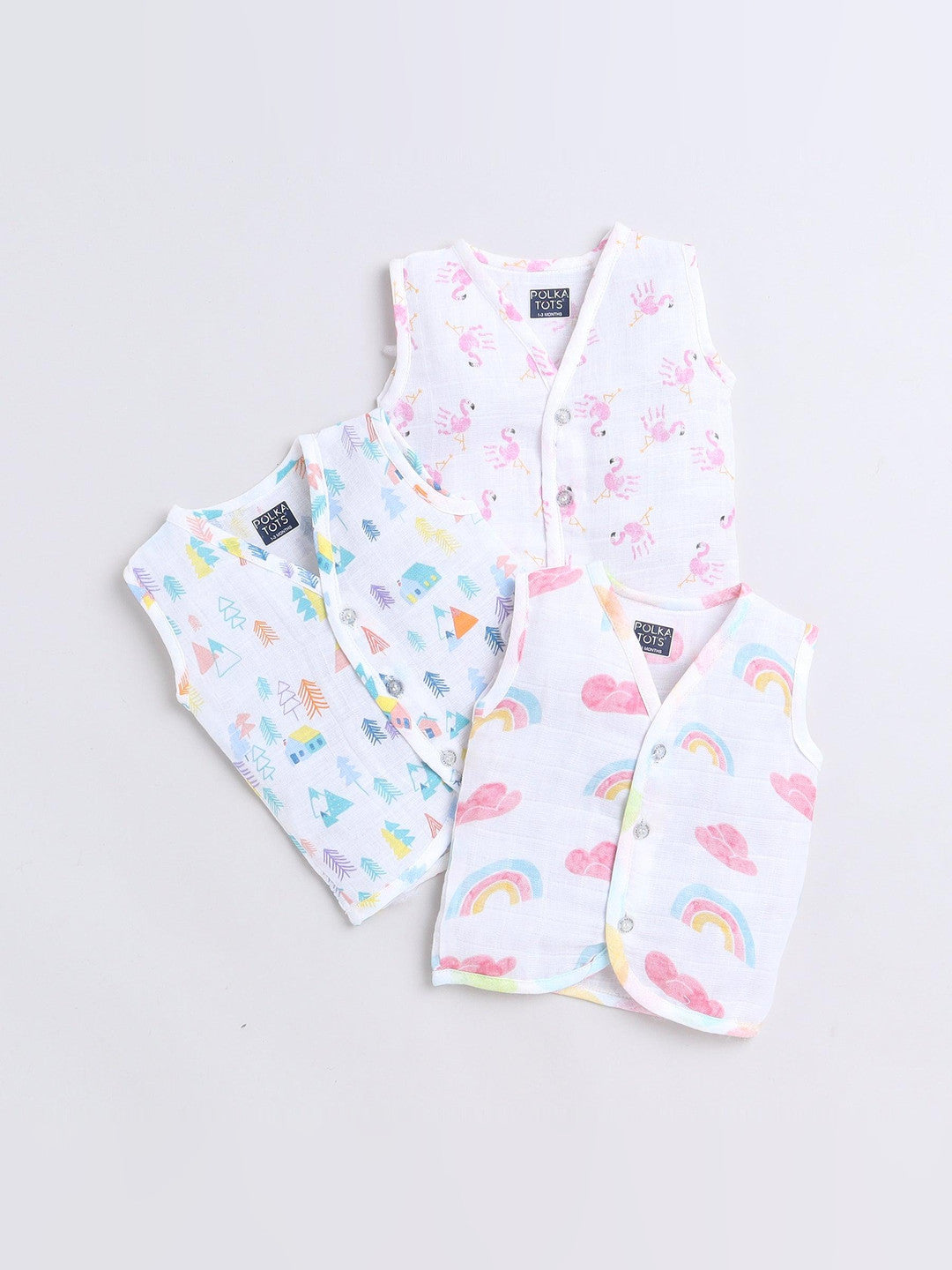 Polka Tots Soft Cotton Pack of 3 Sleeveless Baby Jhablas