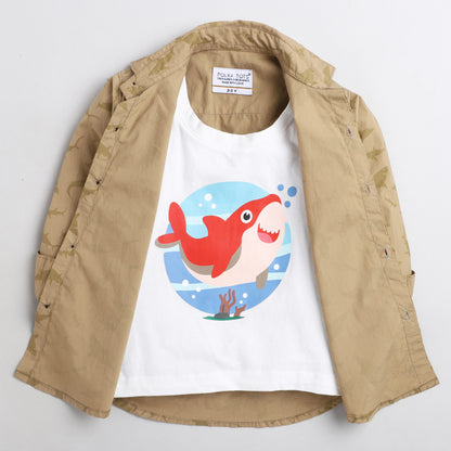 Polka Tots Cotton Full Sleeves Dolphin Print Shirt With Attached Tshirt - Brown