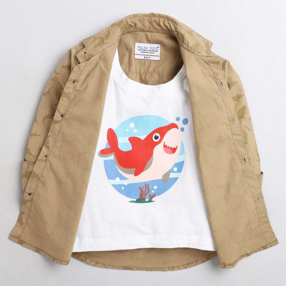 Polka Tots Cotton Full Sleeves Dolphin Print Shirt With Attached Tshirt - Brown