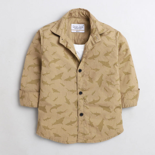 Polka Tots Cotton Full Sleeves Dolphin Print Shirt With Attached Tshirt - Brown