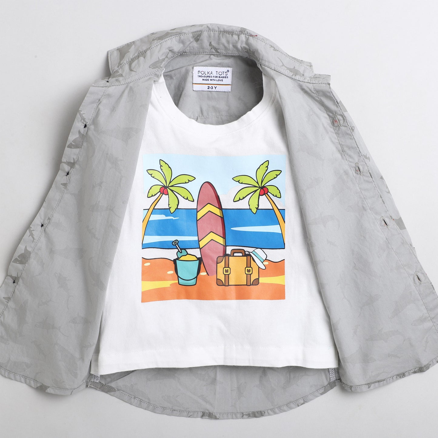Polka Tots Cotton Full Sleeves Dolphin Print Shirt With Attached Tshirt - Grey