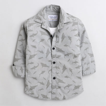 Polka Tots Cotton Full Sleeves Dolphin Print Shirt With Attached Tshirt - Grey