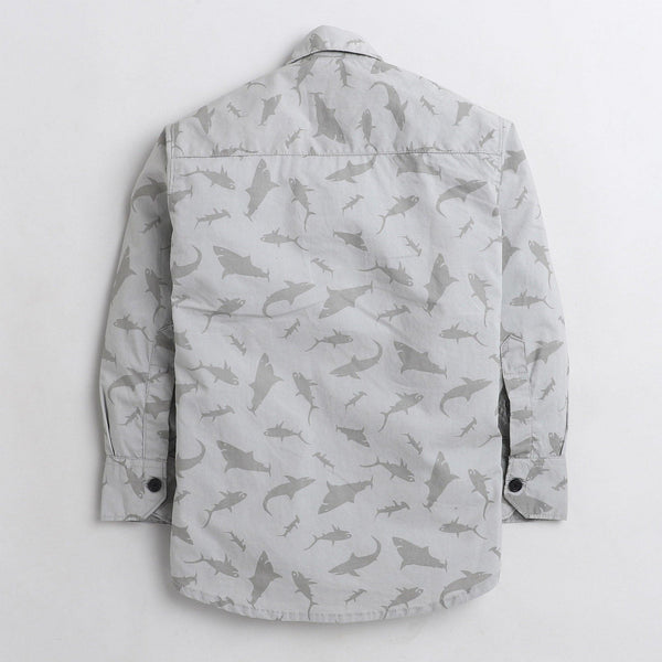 Polka Tots Cotton Full Sleeves Dolphin Print Shirt With Attached Tshirt - Grey