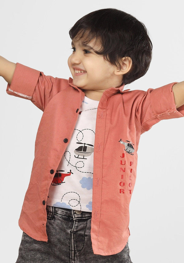 Polka Tots Full Sleeves Helicopter print Tshirt Shirt - Peach