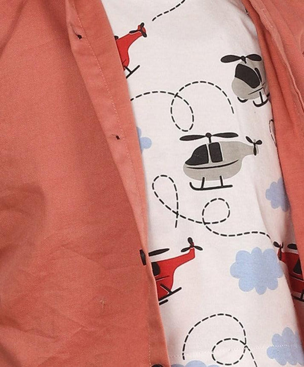 Polka Tots Full Sleeves Helicopter print Tshirt Shirt - Peach