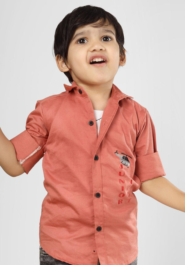 Polka Tots Full Sleeves Helicopter print Tshirt Shirt - Peach