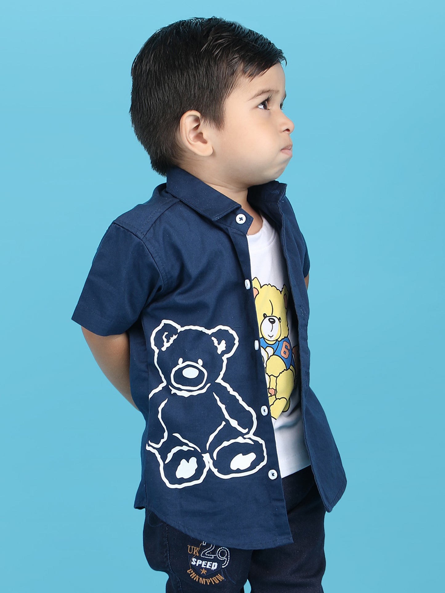 Polka Tots Half Sleeves Teddy print T-shirt shirt - Navy Blue