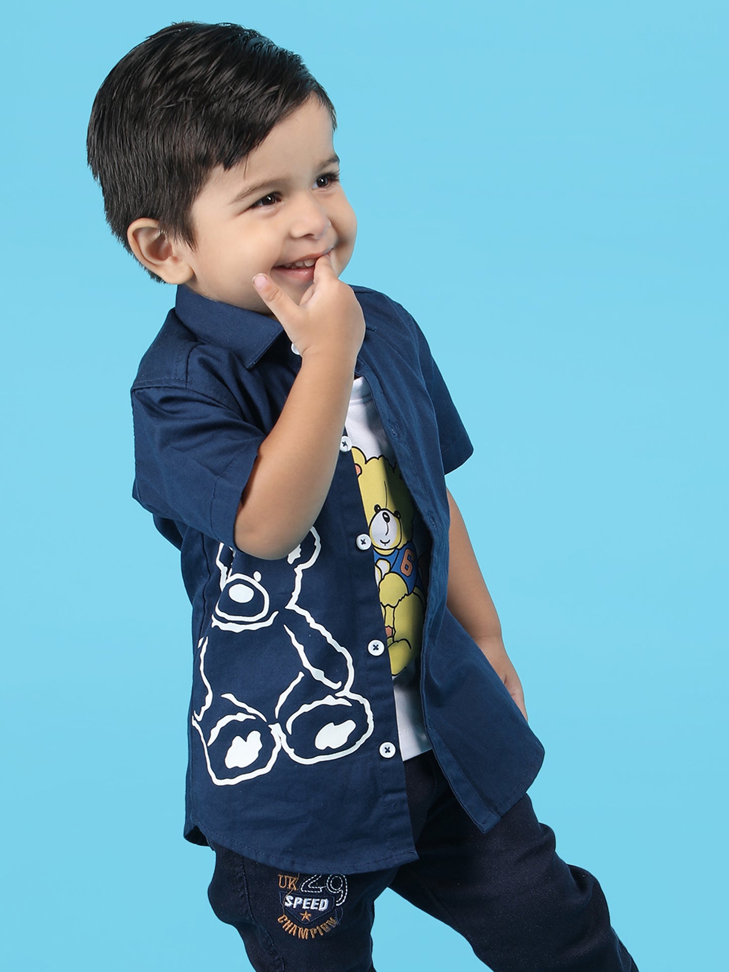 Polka Tots Half Sleeves Teddy print T-shirt shirt - Navy Blue