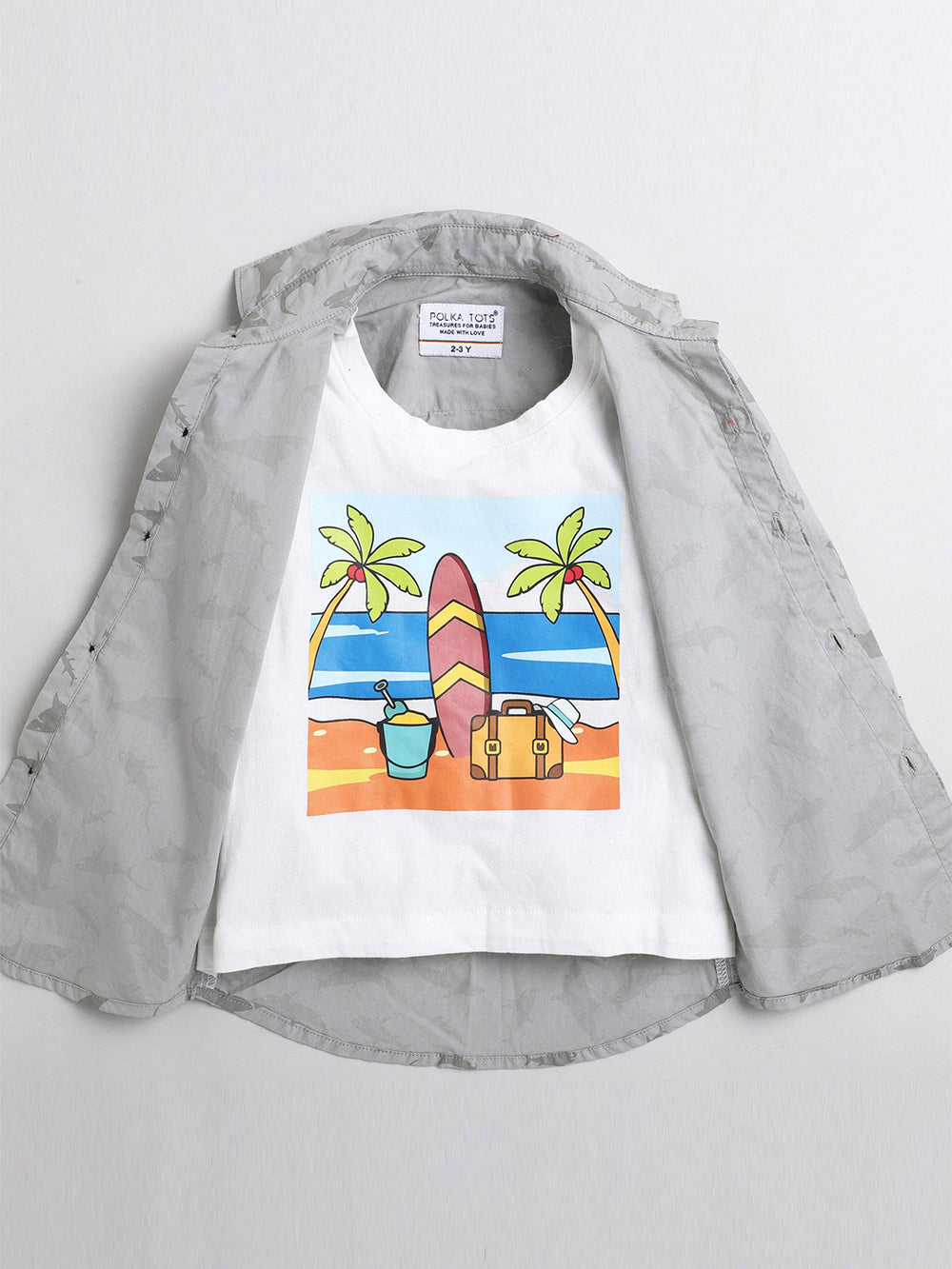 Polka Tots Cotton Full Sleeves Dolphin Print Shirt With Attached Tshirt - Grey