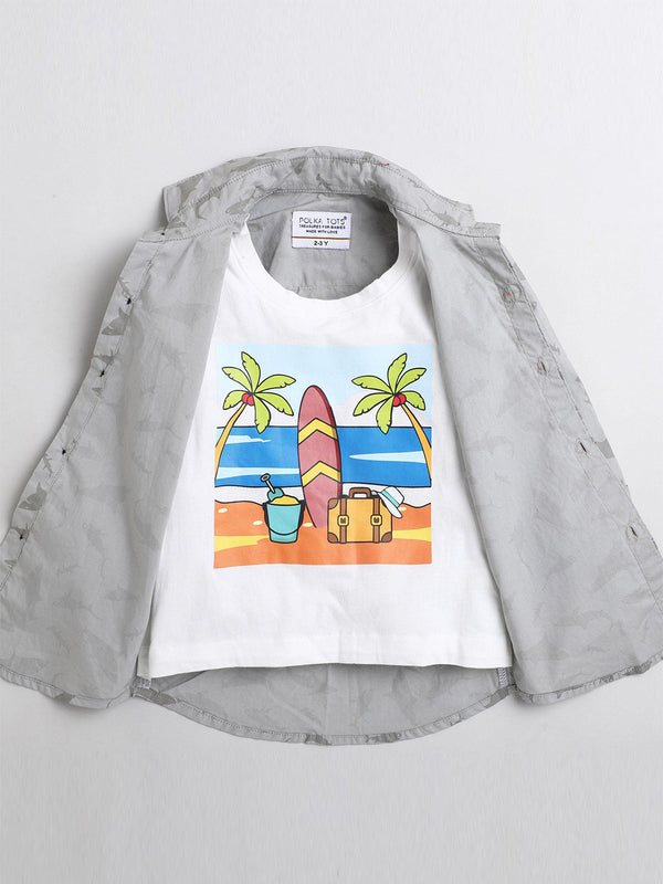 Polka Tots Cotton Full Sleeves Dolphin Print Shirt With Attached Tshirt - Grey