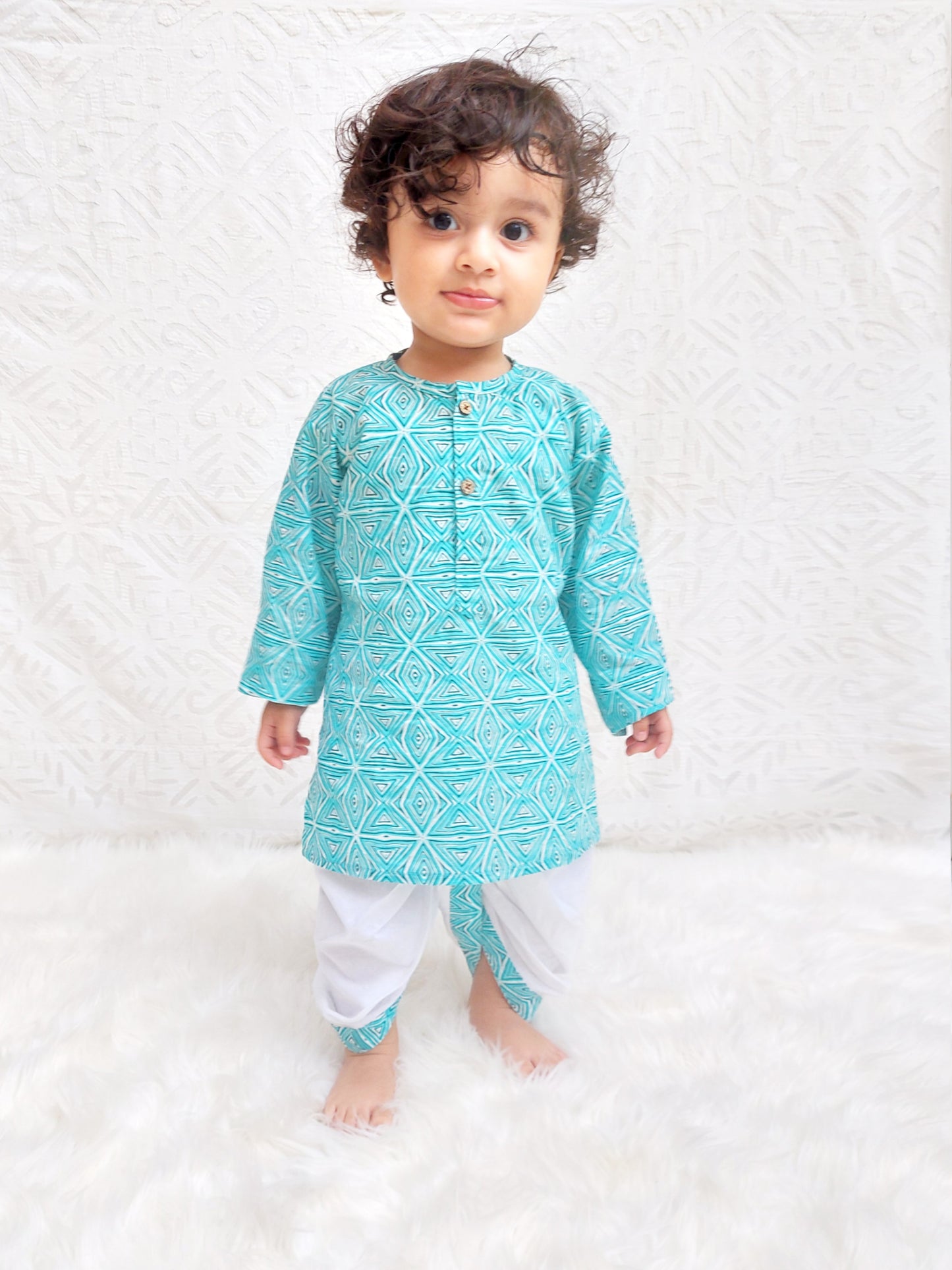 Polka Tots 100% Super Soft Cotton Geometric Print Full Sleeve Kurta With Dhoti Set - Sky Blue