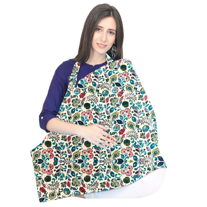 POLKA TOTS Floral Breastfeeding Nursing Cover/ Apron for Mothers with Carry Pouch - Blue