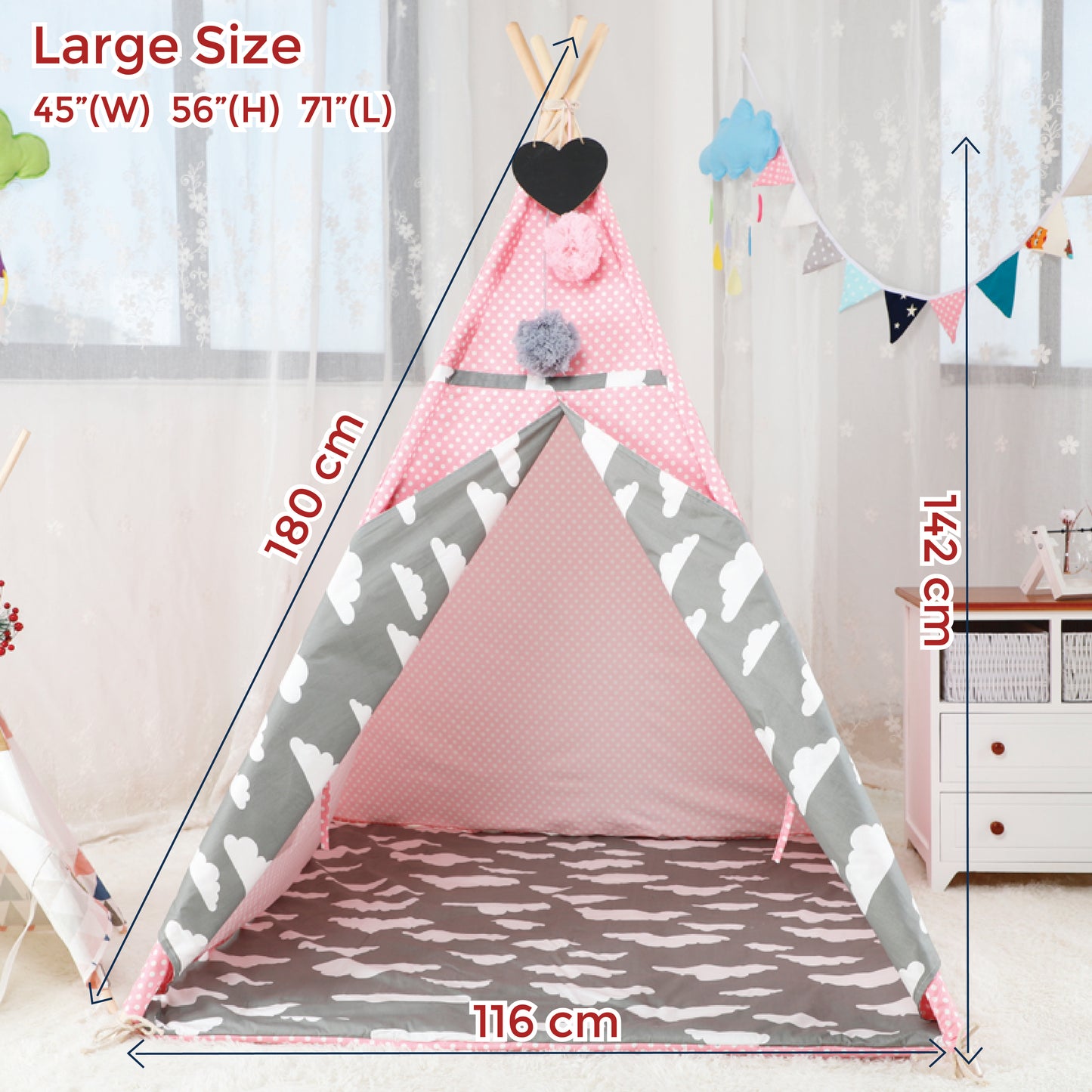Kid’s Portable Teepee Tents with Cushion, Led Light and Non-Slip Padded Mat, Play Tent, Indoor & Outdoor Playhouse Tents for Childrens ( Pink Cloud )
