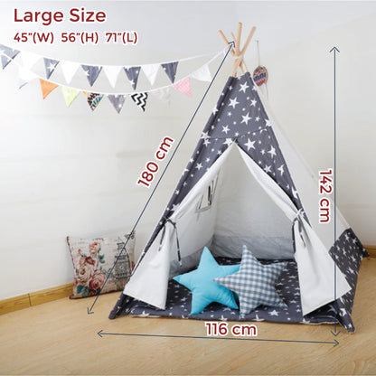 Kid’s Portable Teepee Tents with Cushion, Led Light and Non-Slip Padded Mat, Play Tent, Indoor & Outdoor Playhouse Tents for Childrens ( Star Grey )