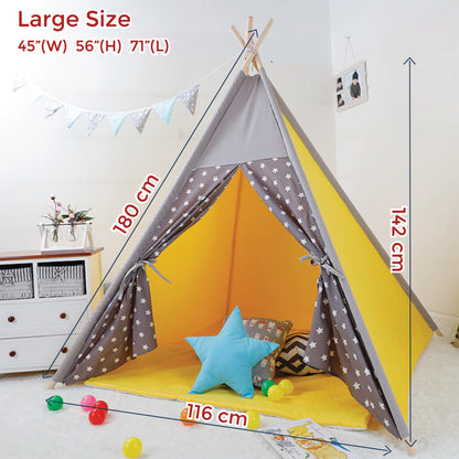 Kid’s Portable Teepee Tents with Cushion, Led Light and Non-Slip Padded Mat, Play Tent, Indoor & Outdoor Playhouse Tents for Children ( Yellow Star )