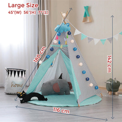 Kid’s Portable Teepee Tents with Cushion, Led Light and Non-Slip Padded Mat, Play Tent, Indoor & Outdoor Playhouse Tents for Childrens (Green Polka )