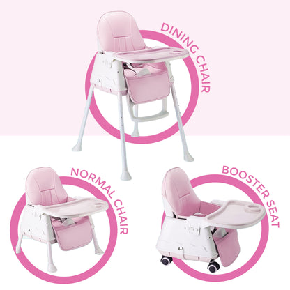 3 in 1 High Chair for Baby Kids, Feeding Booster Seat with Wheel and Cushion Age 12M- 2 Years (Pink)