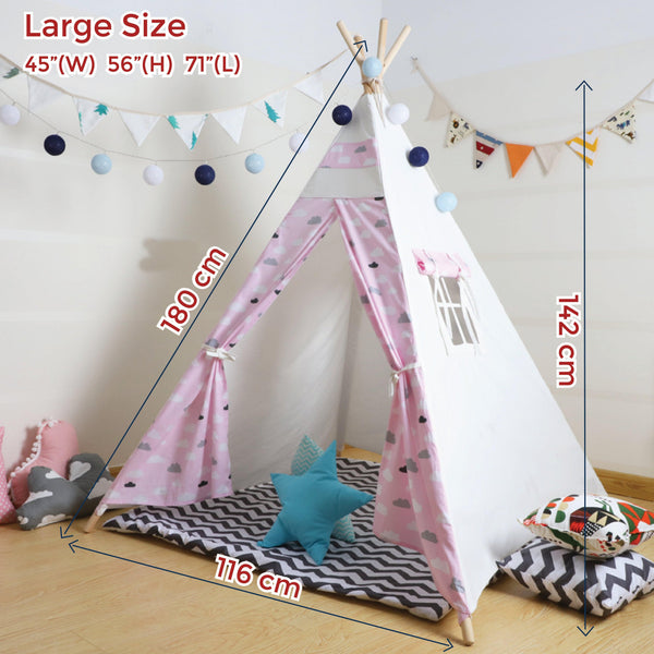 Kid’s Portable Teepee Tents with Cushion, Led Light and Non-Slip Padded Mat, Play Tent, Indoor & Outdoor Playhouse Tents for Childrens ( Pink & White )