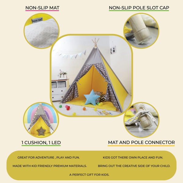 Kid’s Portable Teepee Tents with Cushion, Led Light and Non-Slip Padded Mat, Play Tent, Indoor & Outdoor Playhouse Tents for Children ( Yellow Star )
